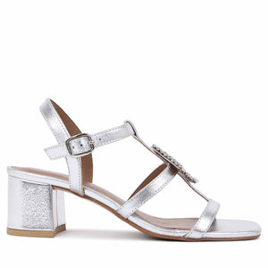Donya Stones Silver Metallic Leather Block Heels