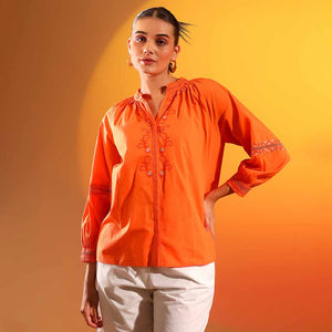 Saint Womens Orange Embroidered Cotton Shirt