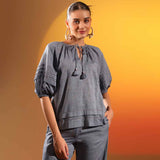 Saint Womens Grey Solid Chambray Top