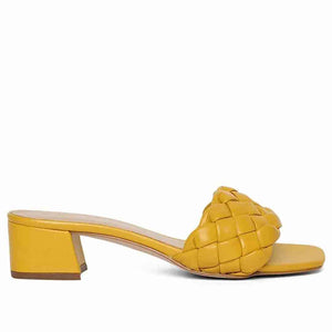 Kate Mustard Woven Leather Block Heel Mules