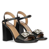 Saint Macy Silver Stone Jewel Black Leather Block Heels