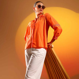 Saint Womens Orange Embroidered Cotton Shirt