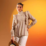 Saint Womens Ivory Ruffle Printed Cotton Cambric Top