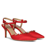Leila Multi Stone Embellished Red Nylon Fabric Pumps