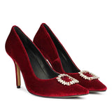 Saint Wren Crystal Buckle Maroon High Heel Pumps