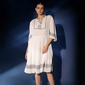 Saint Womens White Viscose Check Dobby Knee-Length Dress