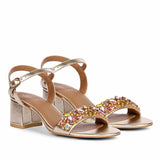 Saint Ella Multi Stones Decor Gold Leather Block Heels