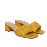 Kate Mustard Woven Leather Block Heel Mules