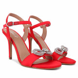 Saint Hayden Crystal Bow Red Satin-Leather Stilettos