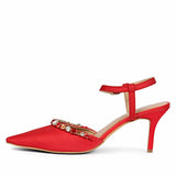 Leila Multi Stone Embellished Red Nylon Fabric Pumps