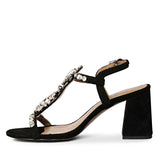 Saint Lucia Transparent Stone Embellished Black Suede Leather Block Heels