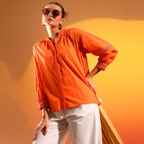 Saint Womens Orange Embroidered Cotton Shirt