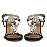 Saint Lucia Transparent Stone Embellished Black Suede Leather Block Heels