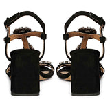 Saint Lucia Transparent Stone Embellished Black Suede Leather Block Heels