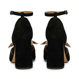 Saint Lilly Gold Flower Embellished Black Leather Block Heel