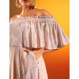 Saint Womens Lilac Marbel Dobby Off-Shoulder Midi Dress