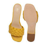 Kate Mustard Woven Leather Block Heel Mules
