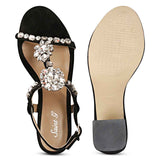 Saint Lucia Transparent Stone Embellished Black Suede Leather Block Heels