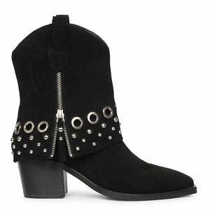 Saint Jordis Studded Fold Over Black Leather Ankle Boots