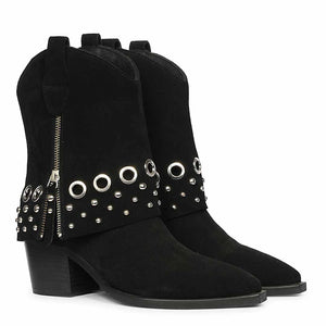 Saint Jordis Studded Fold Over Black Leather Ankle Boots