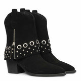 Saint Jordis Studded Fold Over Black Leather Ankle Boots