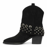Saint Jordis Studded Fold Over Black Leather Ankle Boots