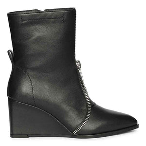 Saint Avia Front Zipper Black Leather Wedge Ankle Boots