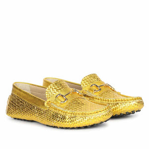 Saint Aurora Mustard Woven Leather Horsebit Loafers