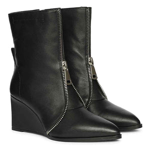 Saint Avia Front Zipper Black Leather Wedge Ankle Boots