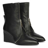 Saint Avia Front Zipper Black Leather Wedge Ankle Boots