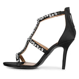 Saint Ella Silver Stone Embellished Black Leather Heels