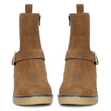 Saint Carmen Buckle Tan Suede Leather Ankle Boots