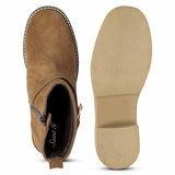 Saint Carmen Buckle Tan Suede Leather Ankle Boots