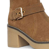 Saint Carmen Buckle Tan Suede Leather Ankle Boots