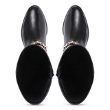 Alina Gold Chain Embellished Black Leather Knee High Boots