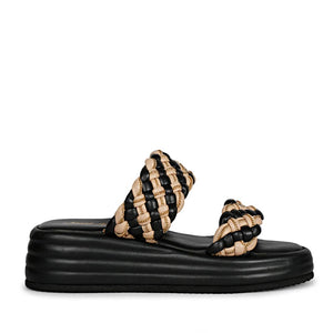 Elevate your outfit with SAINT FLURINA Black Platform Sandals - Woven leather and chain embellishments for a touch of glamour.