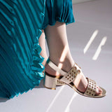 Albina Eyelet Embellished Platin Leather Block Heels