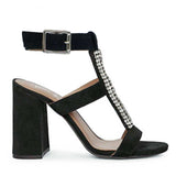 Silvia Jewel Stone Decor Black Suede Leather Heels