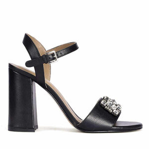Macy Silver Stone Jewel Black Leather Block Heels
