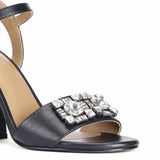 Macy Silver Stone Jewel Black Leather Block Heels