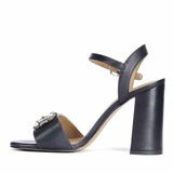 Macy Silver Stone Jewel Black Leather Block Heels