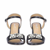 Macy Silver Stone Jewel Black Leather Block Heels