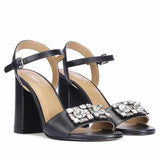 Macy Silver Stone Jewel Black Leather Block Heels