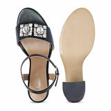 Macy Silver Stone Jewel Black Leather Block Heels