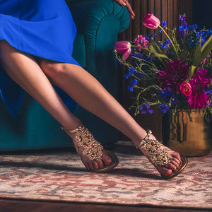 Saint Jenna Silver Stone Adorned Gold Leather Flat Sandals