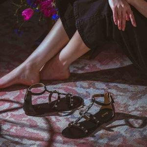 Saint Dion Crystal Stone Studded Black Leather Sandals