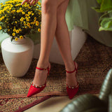 Leila Multi Stone Embellished Red Nylon Fabric Pumps