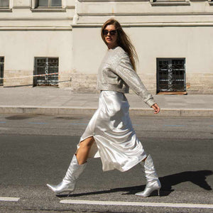 Saint Nayeli Silver Metallic Leather Calf Length Slouch Boots