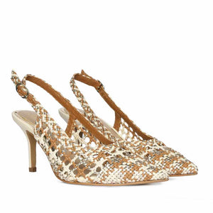 Saint Tamia Tan & Gold Hand Woven Leather Pumps