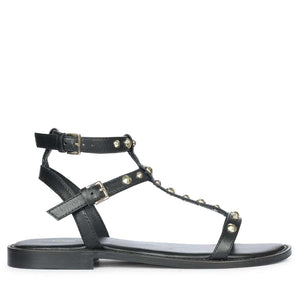 Saint Scarletta Gold Studs Black Leather Sandals